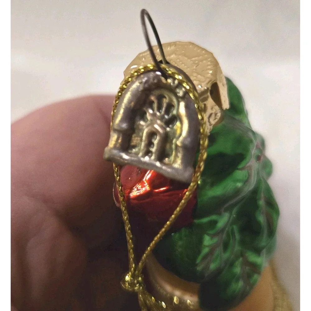 Vtg Pacconi Blown Glass Christmas Bell Ornament Red Bow Poinsettia Gold Glitter